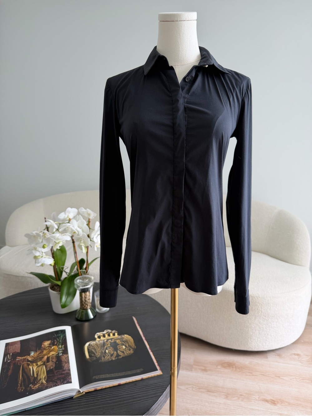 Versace Black Stretch Button Front Blouse Long Sleeve IT 38 Made in Italy - Picture 15 of 15